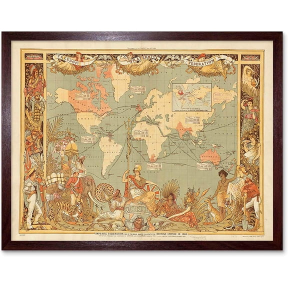 British Empire 1886 Imperial Federation Colony Illustrated People Graphic World Map Art Print Framed Poster Wall Decor 12x16 inch