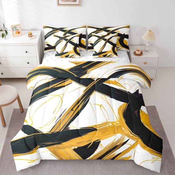 Homewish Gold Black Circle 7-Piece Twin Bedding,Aesthetic Geometric Bedding Comforter Set,Reversible