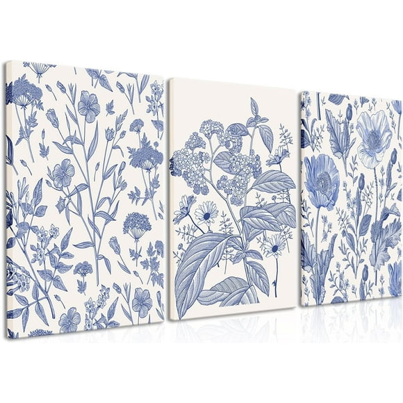 Blue Flower Plant Large Wall Art Canvas Framed Print Set Of 3 Classic Chinoiserie Poster Floral Pictures Painting Watercolor Artwork Home Decor for Living Room Bedroom Bathroom (12"X16"Framed)