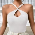 thumbnail image 5 of Women Summer Knitted Top Off Shoulder Cross Halter Neck Sleeveless Keyhole Front Rib Knit Summer Camisole, 5 of 5