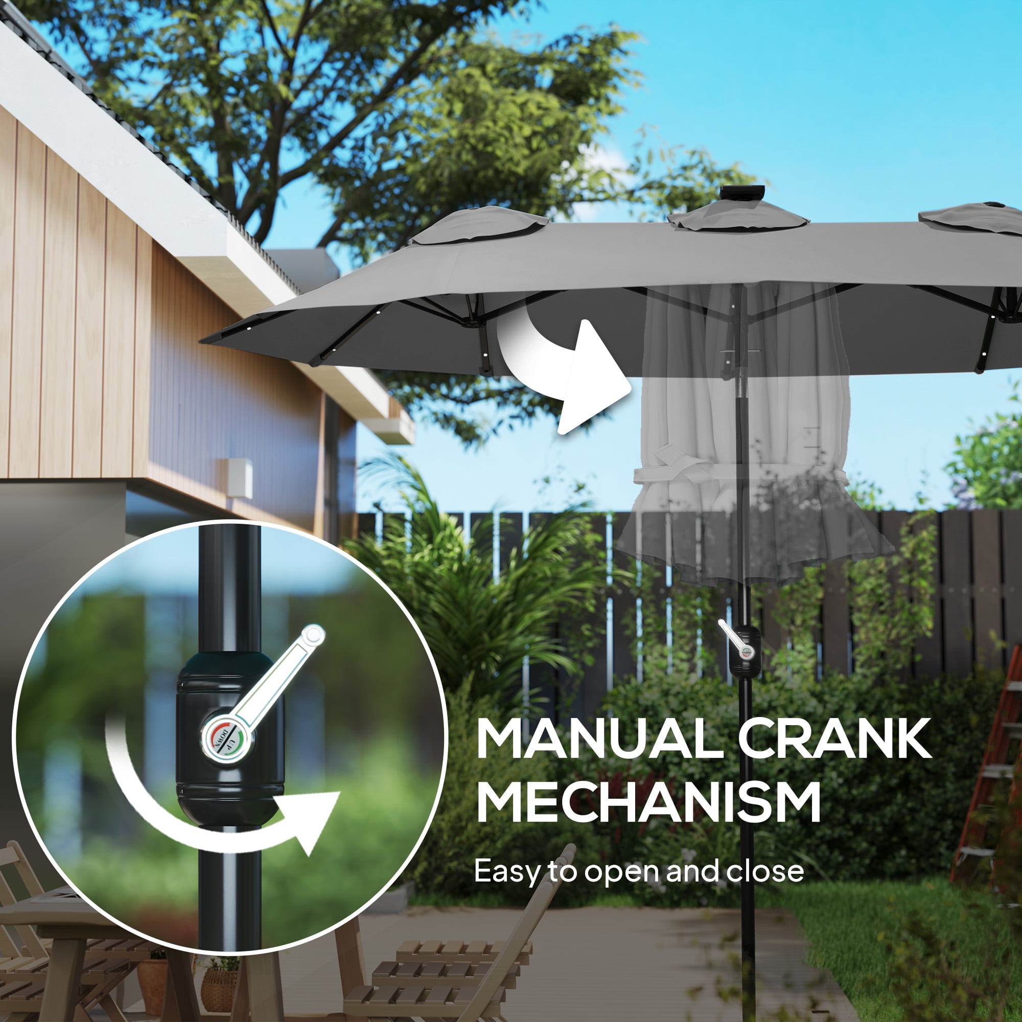 Outsunny 9.7' Double-sided Patio Umbrella with LED Solar Light, Tilt and Crank, Outdoor Umbrella, Gray