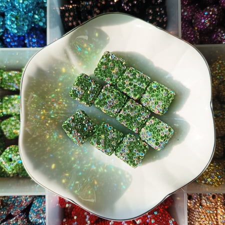 Feildoo 10Pcs 14mm Rhinestone Clay Pave Square Beads, Square Rhinestone Crystal ShamClaya Beads for Jewelry Making, Y03S464B, Stripe Green