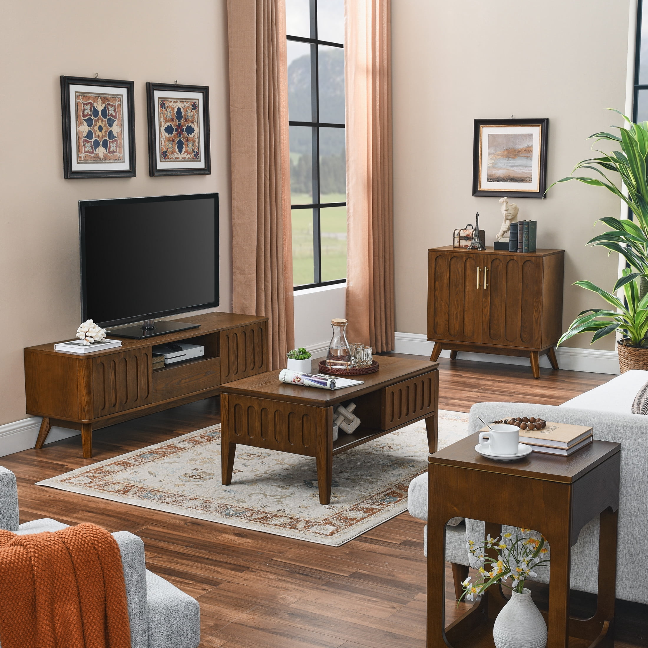 Noble House Mid-Century Modern Fluted TV Stand for 65" TV, Entertainment Console with Storage, Solid Wood Legs, Walnut