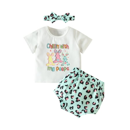 

Xkwyshop Newborn Baby Girls Easter Outfit Sets Short Sleeve Rabbit Print Tops Leopard Shorts Headband Clothes Green 6-12 Months