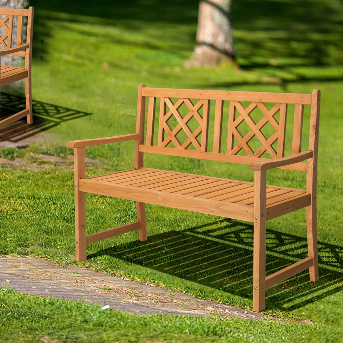 Outdoor Garden Fir Grid Back Wooden Bench Burlywood