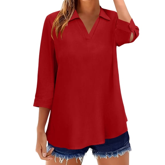 GUACER Women's 3/4 Sleeve Tops Casual Collared V Neck Blouses Loose Fit Cotton Linen Tunic Shirts for Ladies