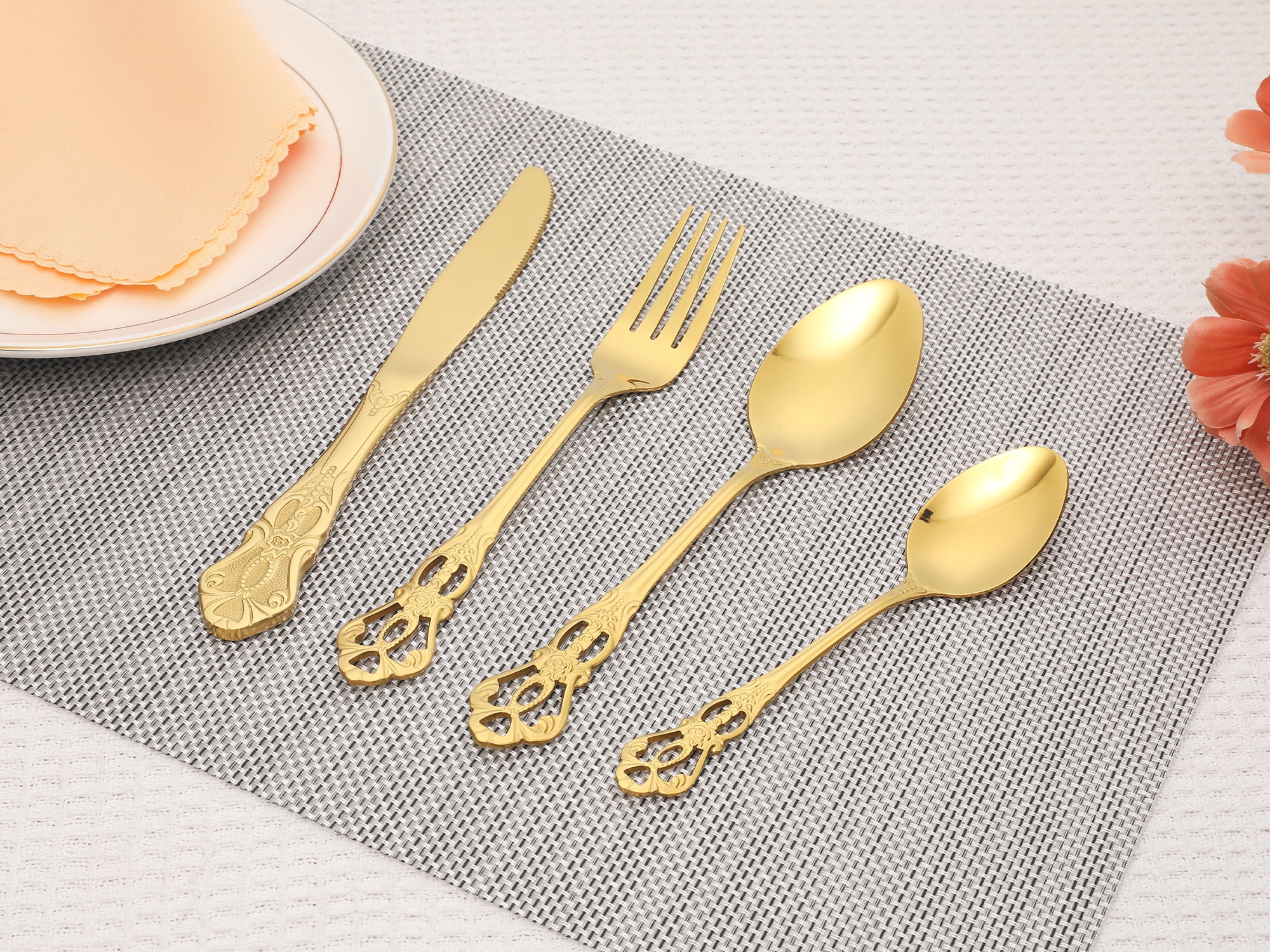 Unique Bargains 24 Pcs Silverware Set Stainless Steel Floral Flatware Set Gold