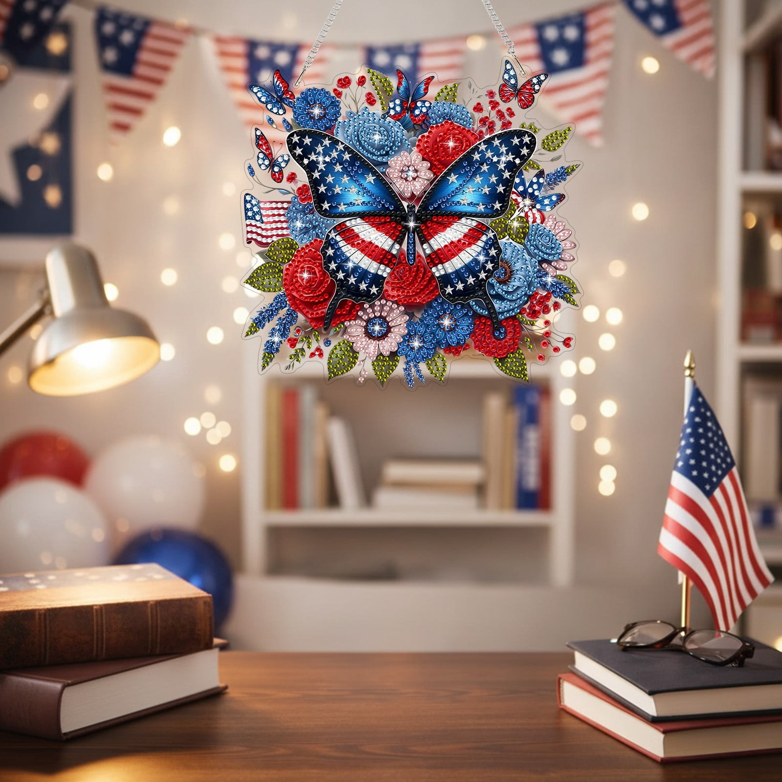 FLOPESN  DIY Diamond Art Kits, American Independence Day USA Butterfly Style, 8.27*8.27in Diamond Painting Pendant, Creative Design Wall Decor