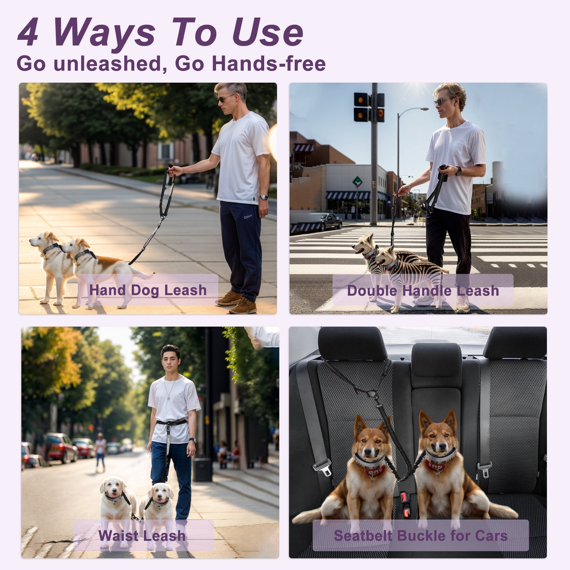 Unique Bargains Hands Free Dog Leash No Pull Bungee for Two Dogs 6.6-7.6FT Long