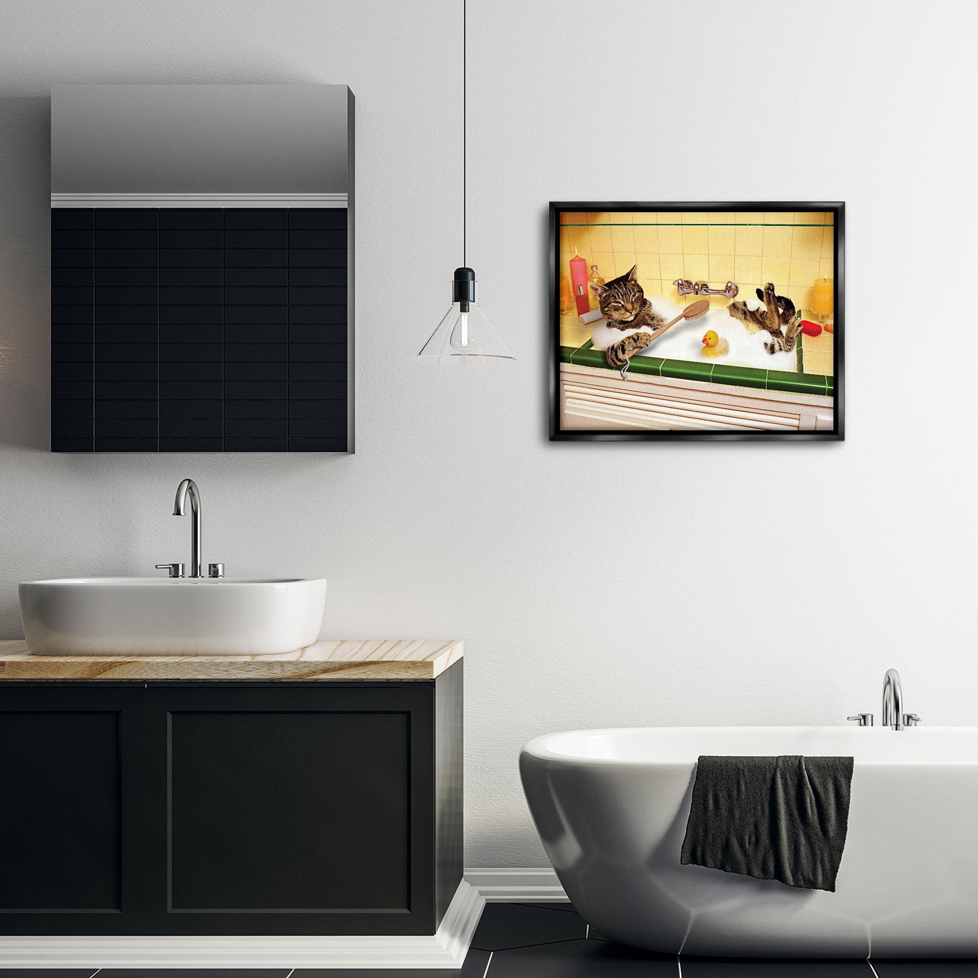 Stupell Industries Cat Bathing in Tub Typography Painting Black Floater Framed Canvas Art Print Wall Art, 31 x 25