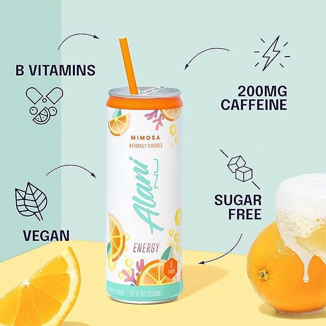Alani Nu MIMOSA Sugar Free, Low Calorie Energy Drinks | 200mg Caffeine | Pre Workout Performance with Antioxidants | Biotin B Vitamins | Zero Sugar | 10 Calories | 12 Fl Oz Cans (12 Pack)