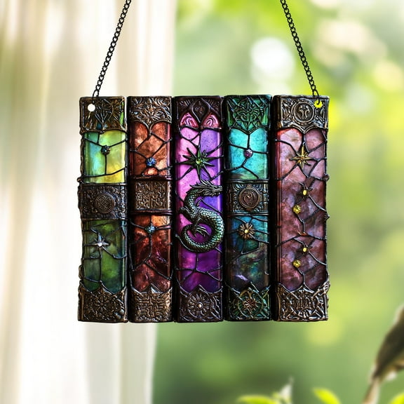 Fantasy Book Faux Stained Glass Suncatcher For Book Lovers, Colorful Medieval Library Window Decor, Dragon Book Shelf Hanging Gift