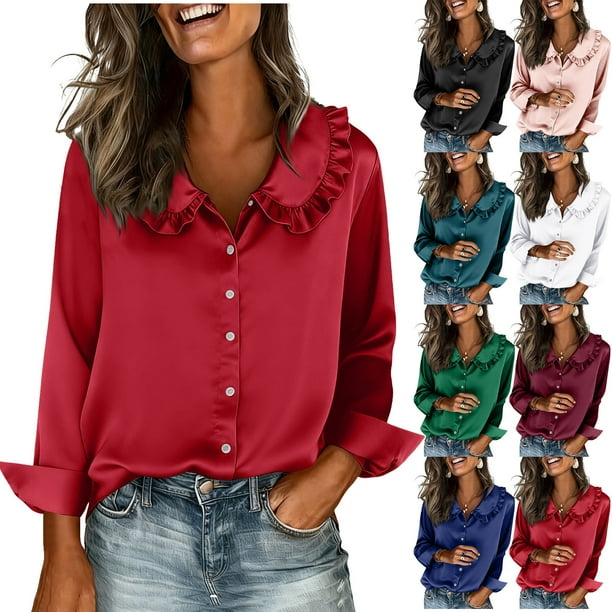 RKSTN Women's Satin Silk Blouses Tops Oversized Peter Pan Collar Button Down Long Sleeve T Shirts Womens Casual Solid Plus Size Turndown Collar Loose Comfy Business Tees Shirt Fall Spring Clothes