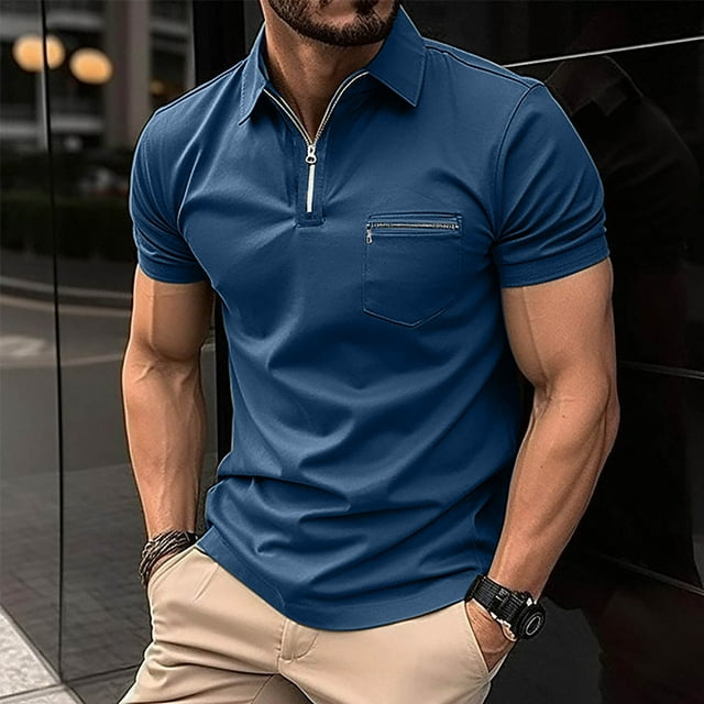 Gspmoly T-Shirts pour Hommes, Chemise Rayée Décontractée à Manches Courtes avec Fermeture Éclair, Col Rabattu, Blouse pour Sortir, Offres Prime
