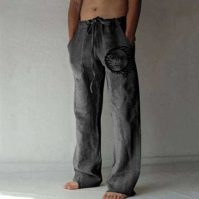 Pantalones largos de verano para hombre, de algodón y lino, con pierna ancha, estampados, con cordones, para deportes y vacaciones