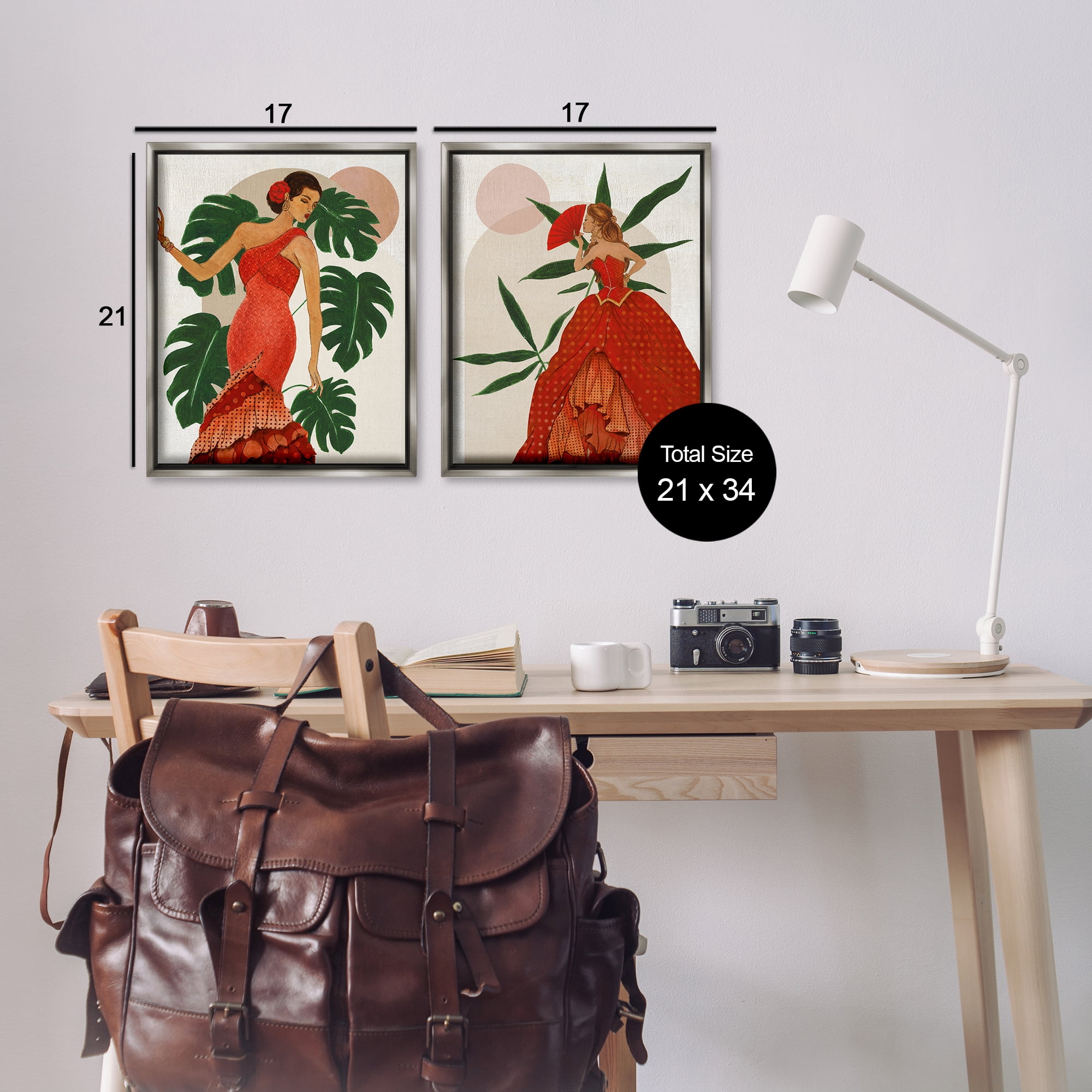 Stupell Industries Tropical Fashionistas in Red People Painting Gray Floater Framed Canvas Art Print Wall Art, 17 x 21, Set of 2