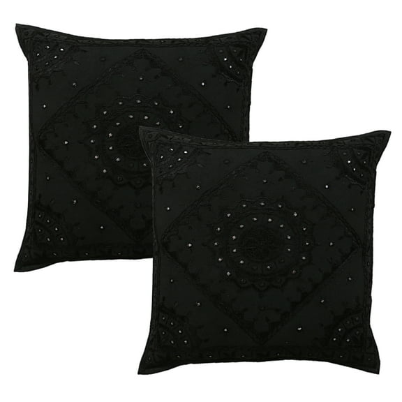 Stylo Culture Ethnic Decorative Throw Pillow Covers 60x60 cm Hand Embroidered Black Boho 24x24 Large Home Decor Cotton Mirrored Square Cushion Covers | Set Of 2