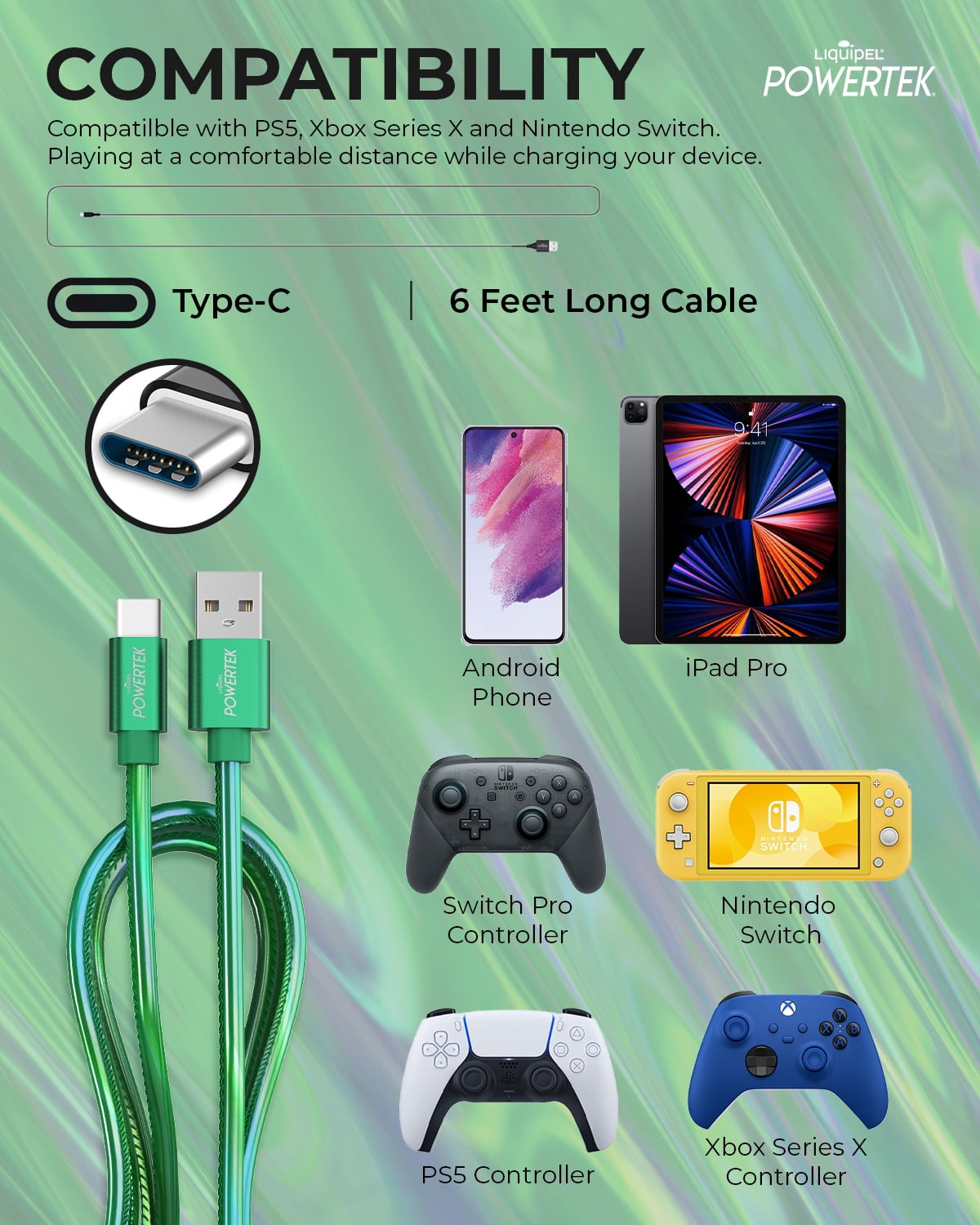 Powertek 6' USB Type A to Type C Cable, Green
