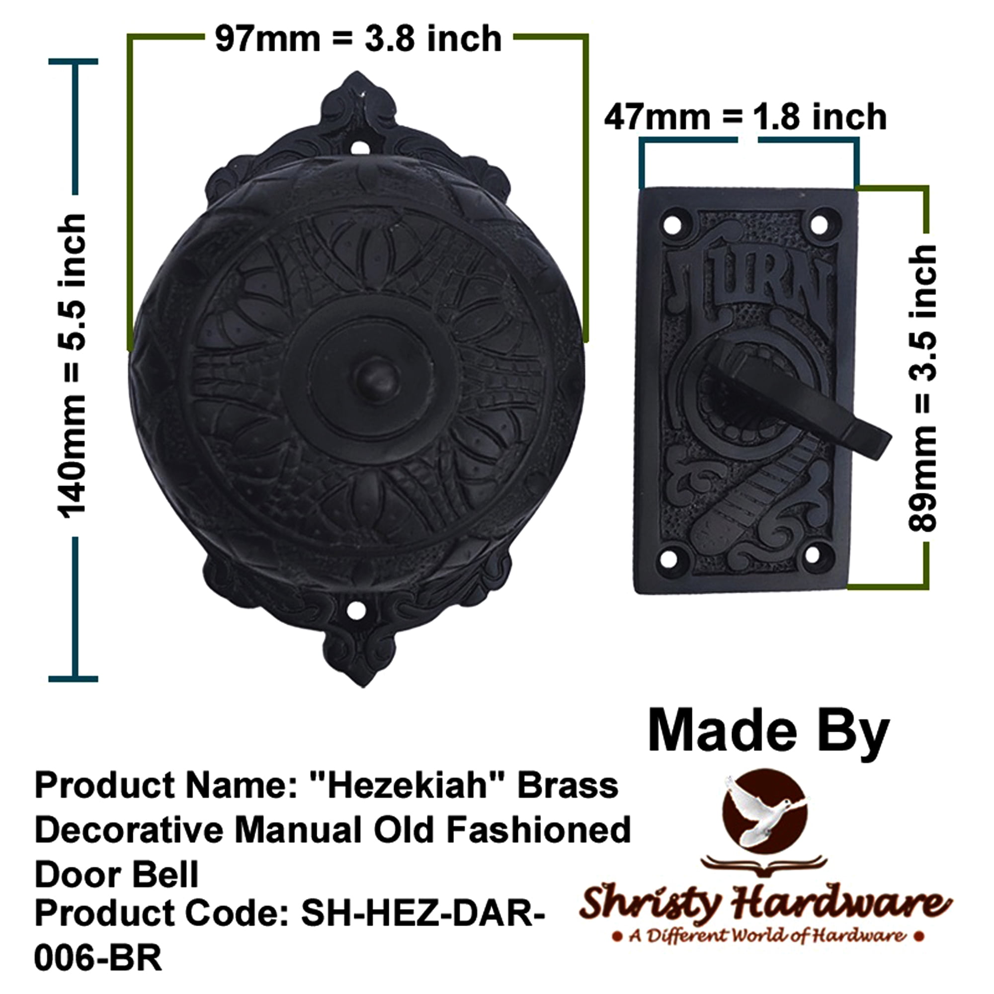 Shristy Hardware "Hezekiah" Brass Manual Old Fashioned Door Bell – Vintage Twist Bell with Key Plate – Mechanical Doorbell for Home – (Pack of 1 Antique Black Finish)