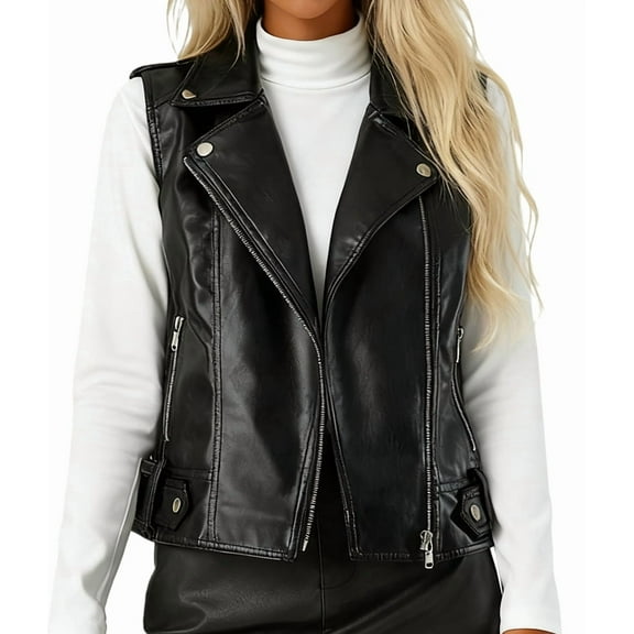 Faux Leather Vest for Women Lapel Sleeveless Moto Slim Fit PU Motorcycle Biker Waistcoat Black L