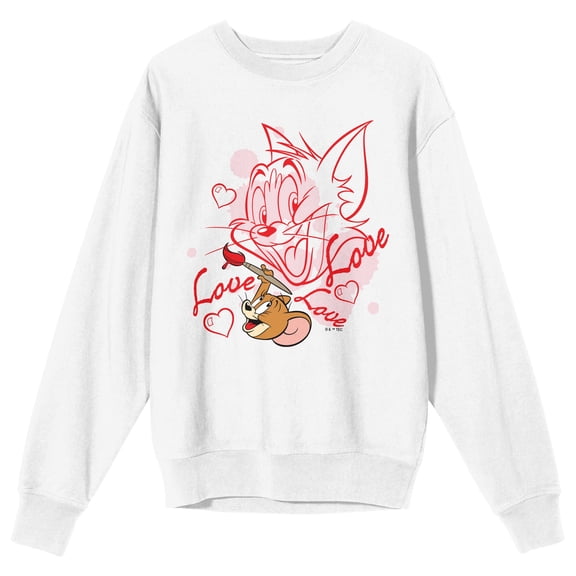 Tom & Jerry Love Sketch Crew Neck Long Sleeve Adult White Sweatshirt