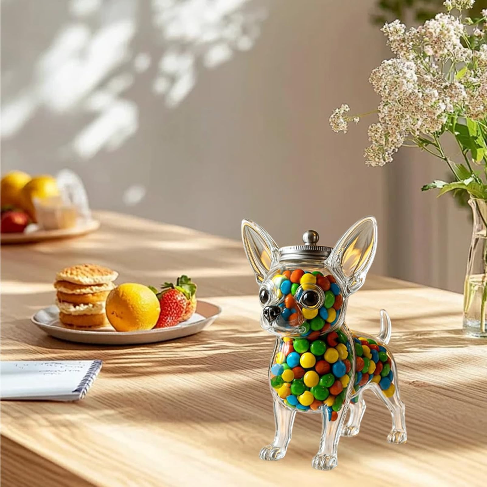 Dserhfy Pet Treat Jar Reusable Dog Shape Glass Airtight Pet Food Storage Container Chihuahua/French Bulldog/Dachshund Candy Snack Holder with Lid for Kitchen Countertop