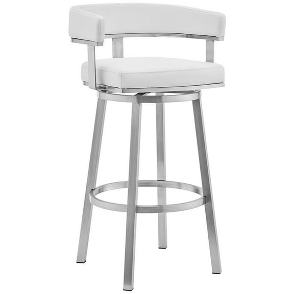 Maklaine 26" Modern Faux Leather Swivel Counter Stool in White/Stainless Steel