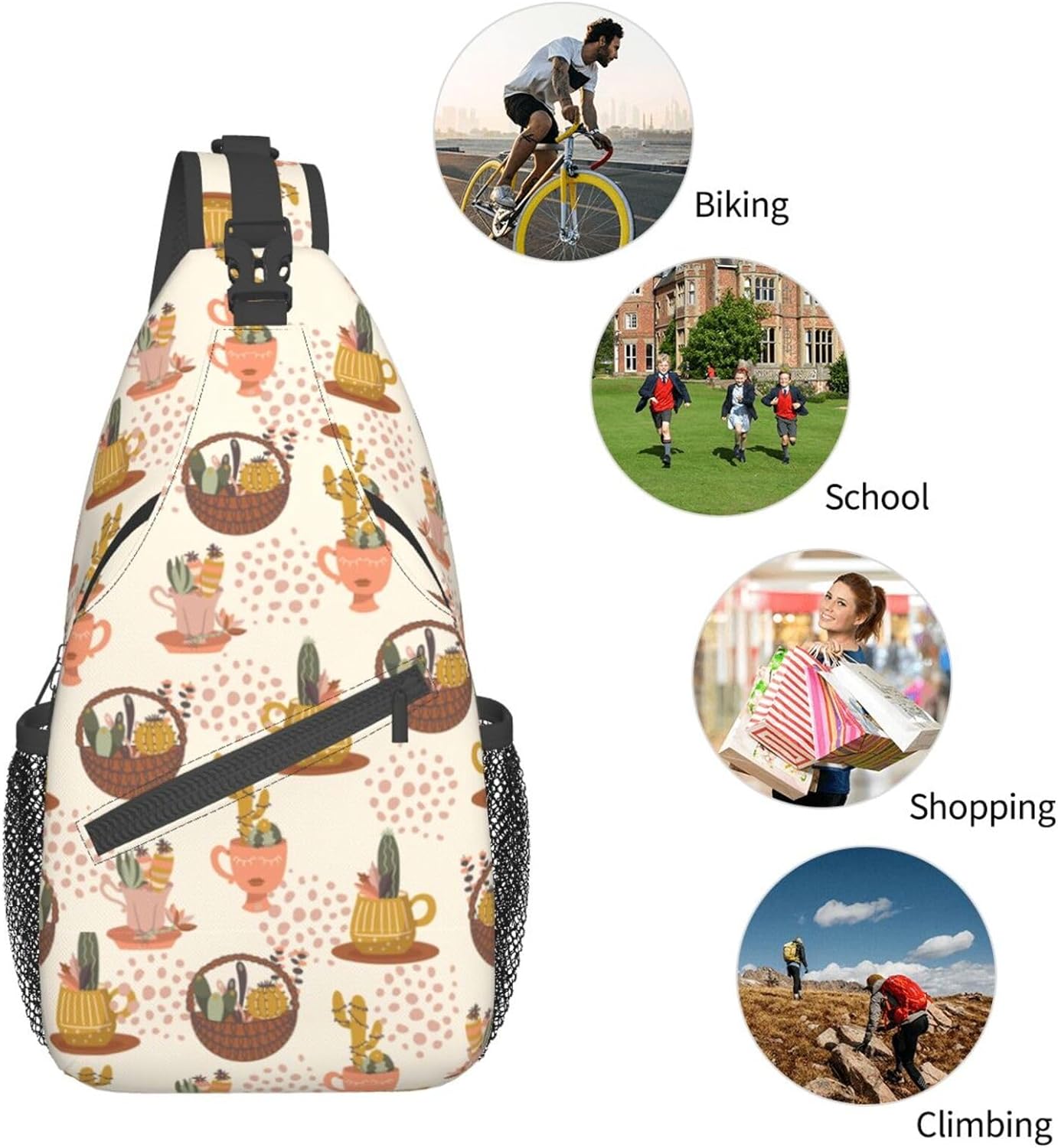Cute Cactus Pattern Sling Bag Crossbody Hiking Travel Chest Bags Backpack Shoulder Daypack for Women Men