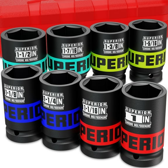 8 Piece 3/4" Drive Deep Impact Socket Set, 1" to 1-1/2", SAE, 6-Point Design