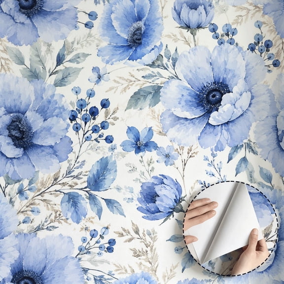 Blue Floral Wallpaper Vintage Boho Style Peel and Stick Wallpaper Waterproof Wall Decoration for Living Room Bedroom Kitchen Cabinet Drawer Rental Property 17.7 * 78.5 in