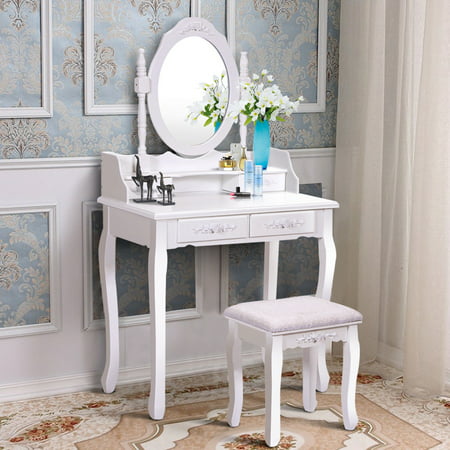 Costway Vanity Wood Makeup Dressing Table Stool Set bathroom with Mirror + 4Drawers