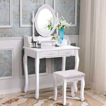 Costway Vanity Wood Makeup Dressing Table Stool Set bathroom with Mirror + 4Drawers (Best Wood Finish For Bathroom Vanity)