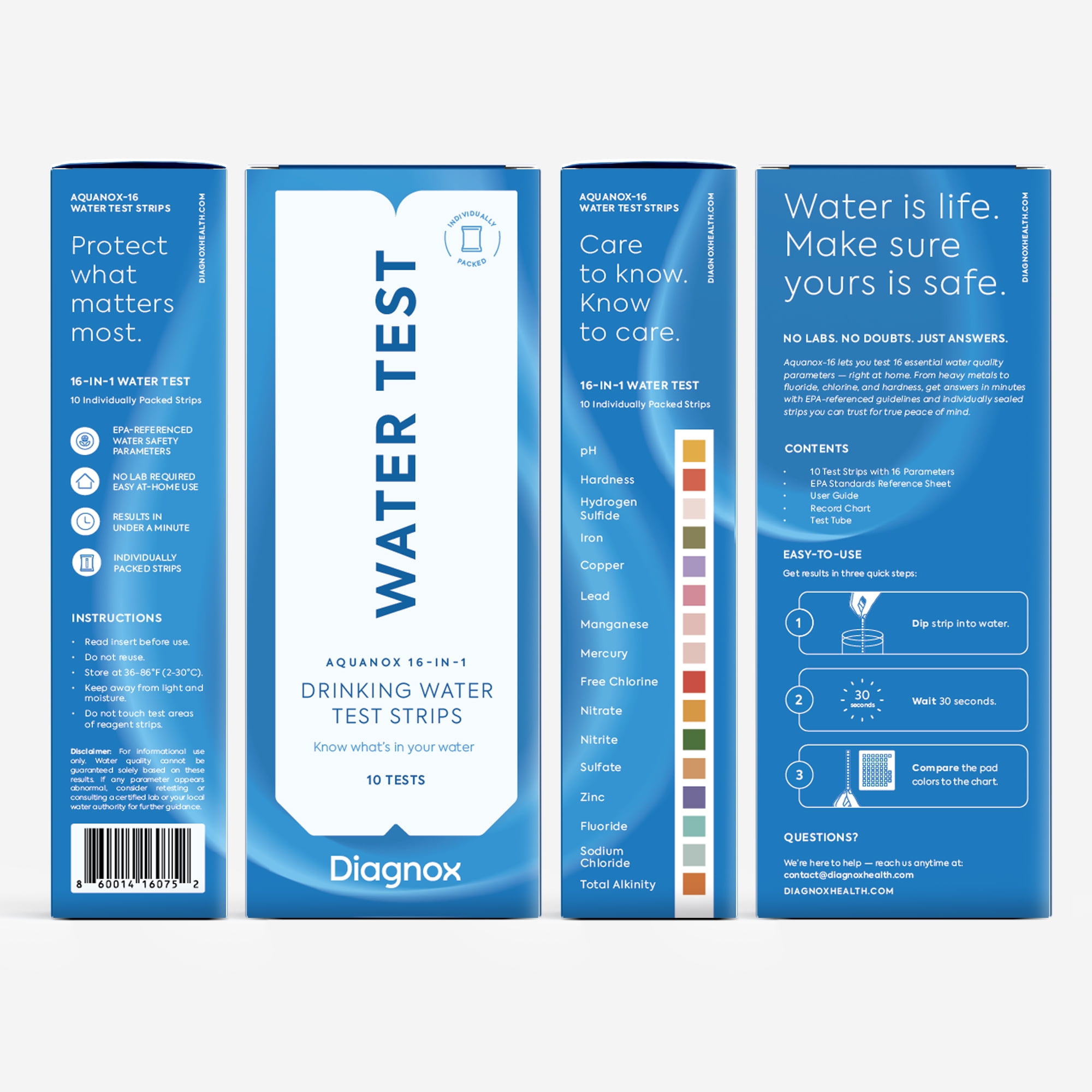 Diagnox Aquanox 16-in-1 Water Quality Test Strips, Individually Packaged and Clinical Grade, 10 Count