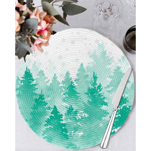 13 Inch Round Placemats Set of 4, Teal Green Christmas Non Slip Heat Insulation PP Table Mats, Winter Snowflake Abstract Forest Tree Washable Place Mats for Kitchen Dining Party Table Decor