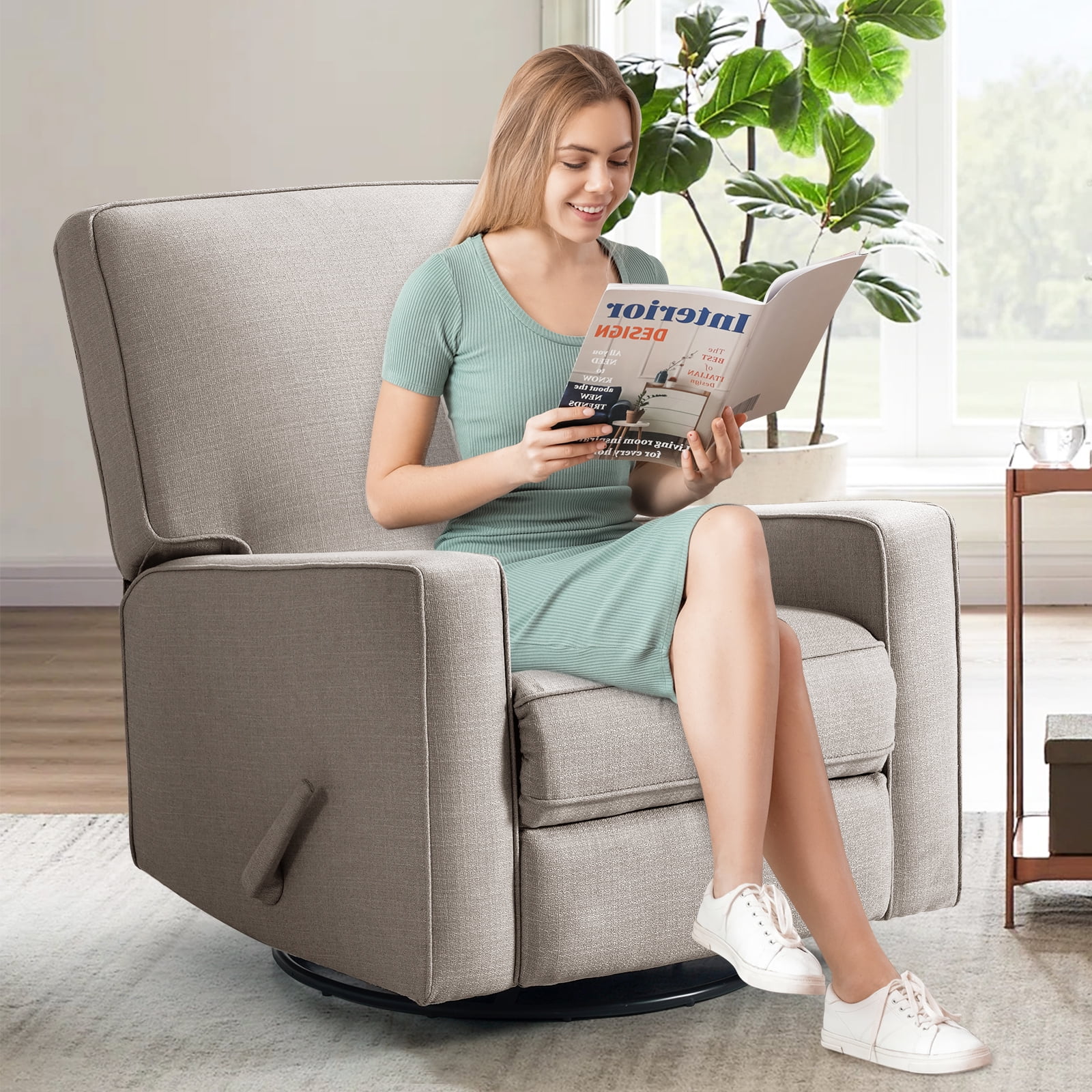 Harkawon Swivel Rocker Recliner Chair, High Back Glider Recliner with Linen Fabric, Nursery & Living Room Ergonomic Rocking Chair for Small Spaces, Grey