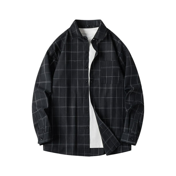 Blusa y camisa de manga larga con cuello vuelto para hombre, estilo informal, a cuadros, con bolsillos y botones, de licra