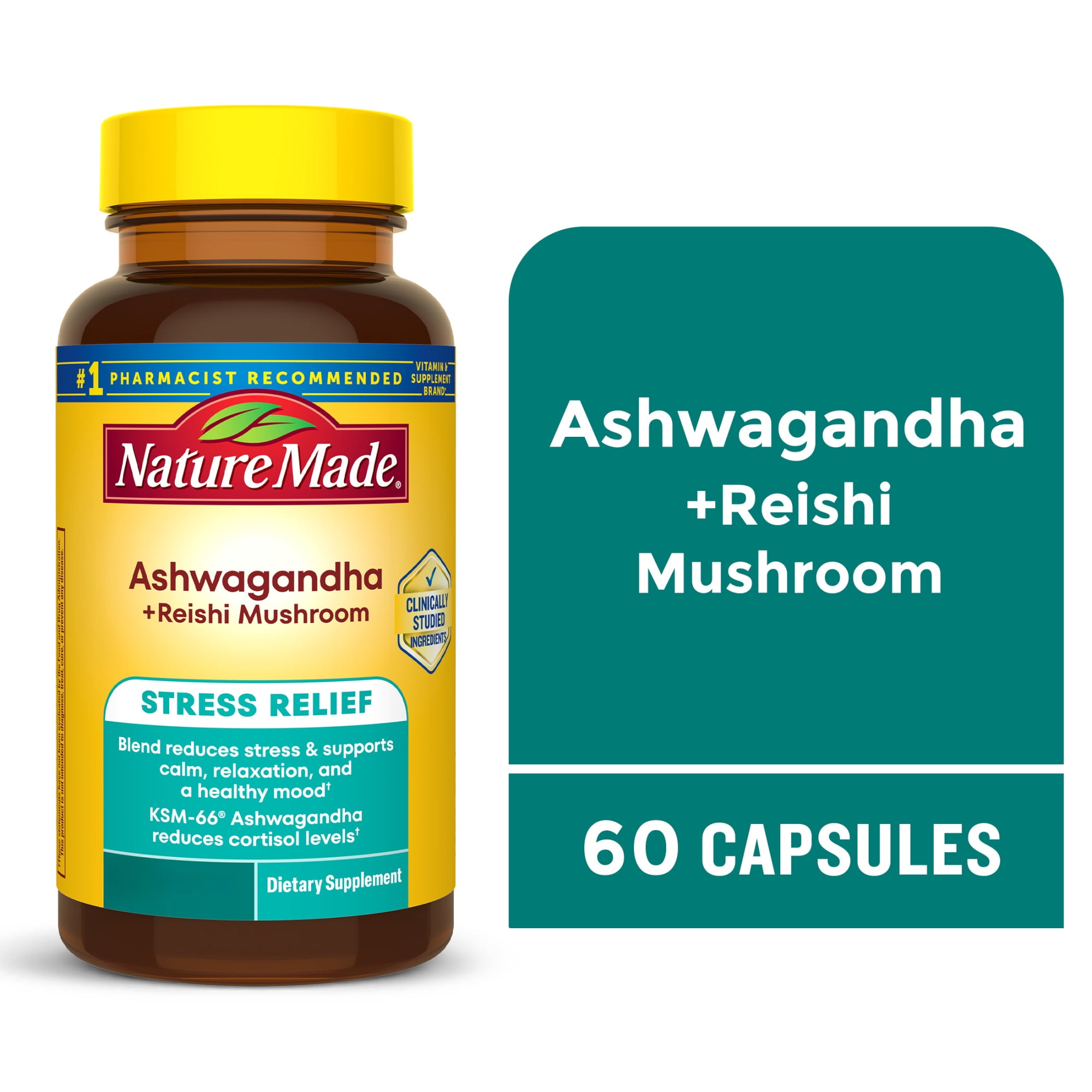 Nature Made Ashwagandha KSM 66 + Reishi Mushroom Capsules for Stress Relief, 60 Count
