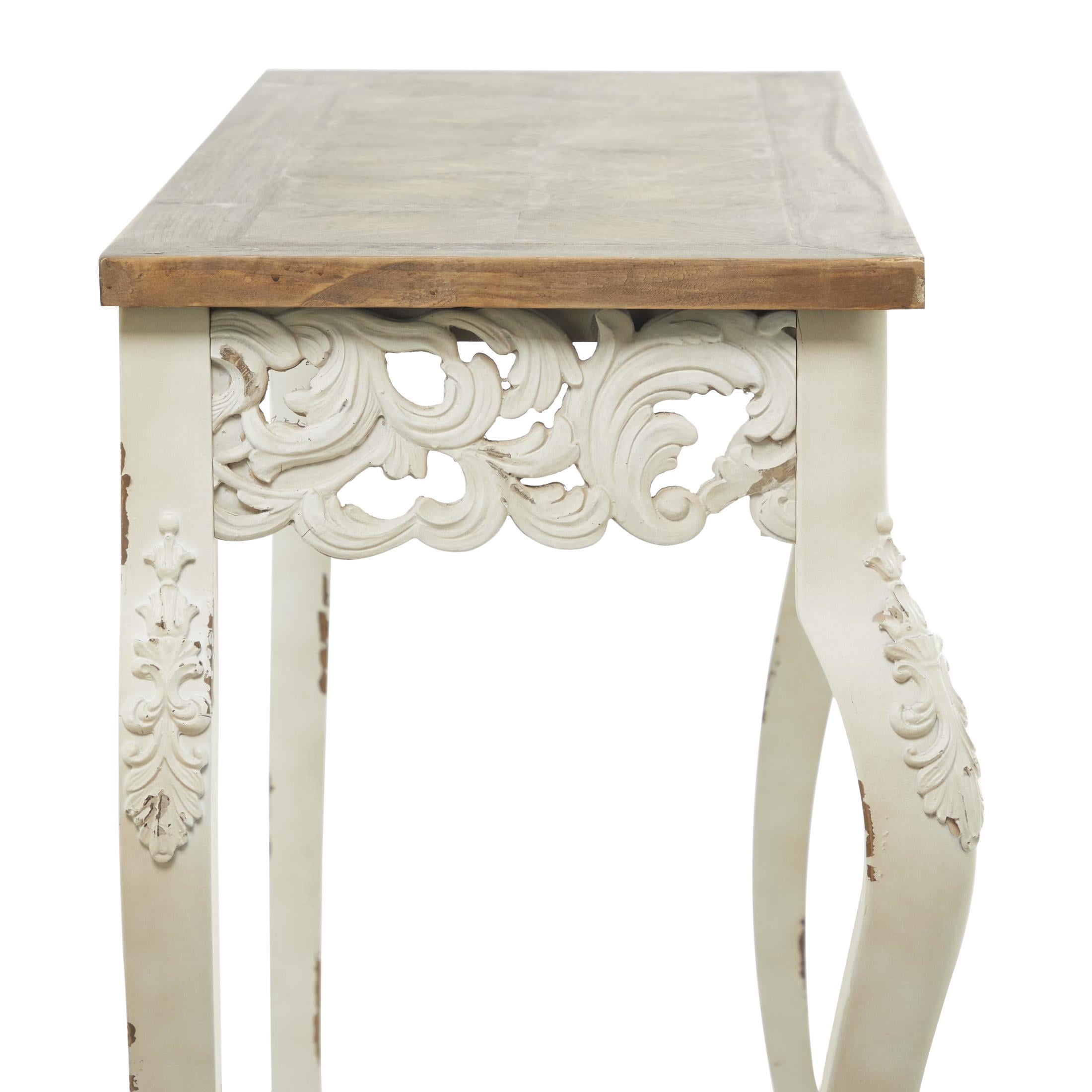 DecMode 46" x 30" White Wood Intricately Carved Scroll Console Table with Brown Wood Top, 1-Piece