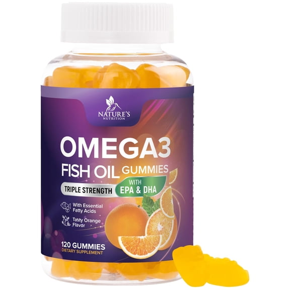 Omega 3 Fish Oil Gummies - 3X Strength Heart Health Support, High Absorption Omega 3 Fish Oil Gummy Supplement with DHA & EPA, Joint & Brain Support for Adults, Delicious Orange Flavor- 120 Gummies