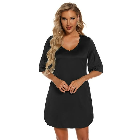 XBASW Women's Satin Nightgowns V Neck Silk Sleepwear Short Sleeves Nightdress Summer Loose Nightshirt S-S-XXL