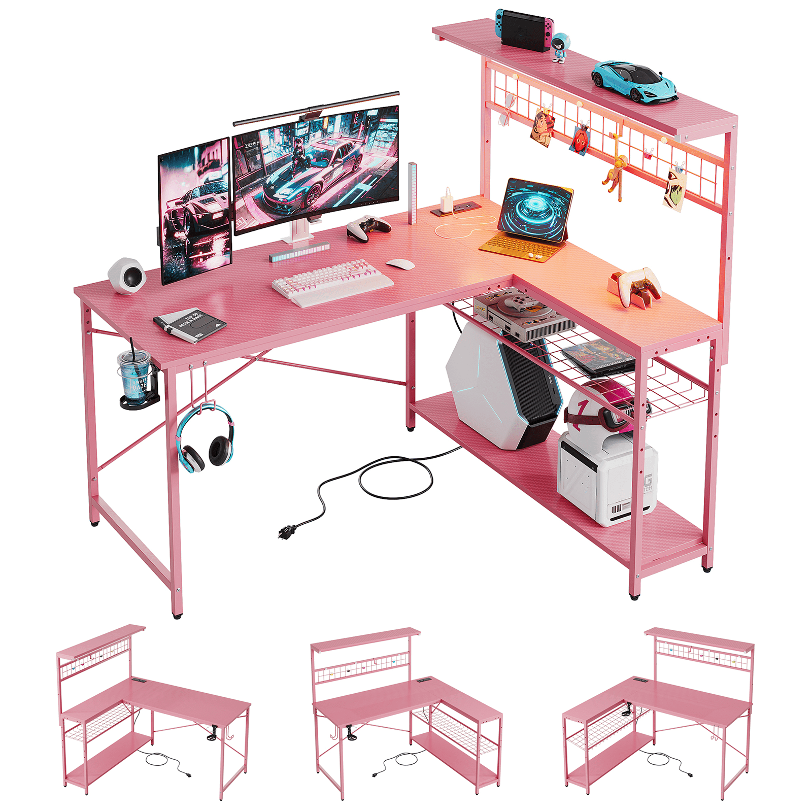 Bestier 51 L Shaped Gaming Desk with Power Outlets, LED Workstation with 4 Tiers Shelves for Home Office, Gamer Reversible Table with Hooks and Cup Holder,Carbon Fiber Pink