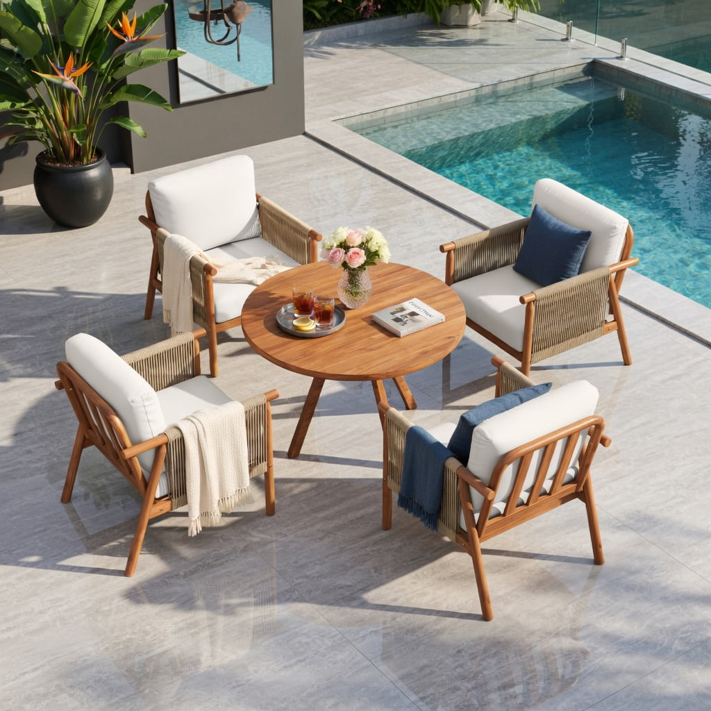 Hommoo Acacia Wood Patio Chair with Woven Rope Armrests, Outdoor Dining Chair for Backyard, Balcony, Porch, Ergonomic 106° Recline, White