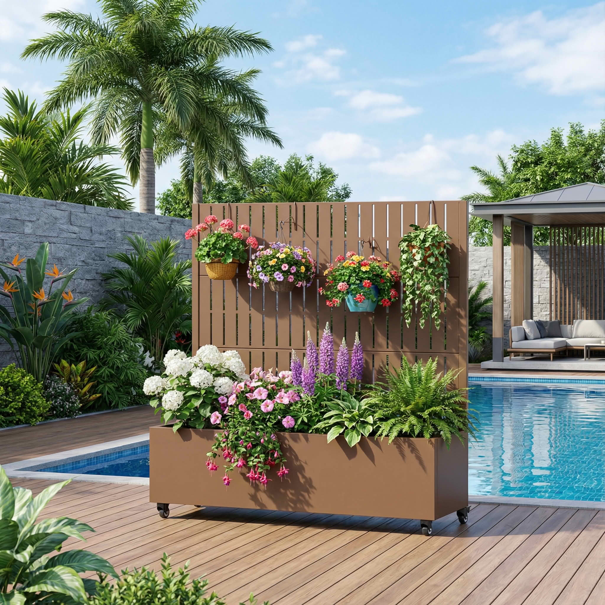 MAYEERTY 47X47" Metal Outdoor Brown Privacy Screen with Planter Box for Backyard & Garden, 3 Piece Set