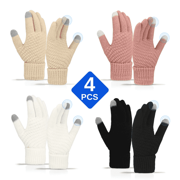 AGCAN Winter Gloves for Women, 4 Pairs Touch Screen Texting Gloves, Multicolor Windproof Warm Fleece Lined Knit Gloves for Running Cycling Driving Hiking