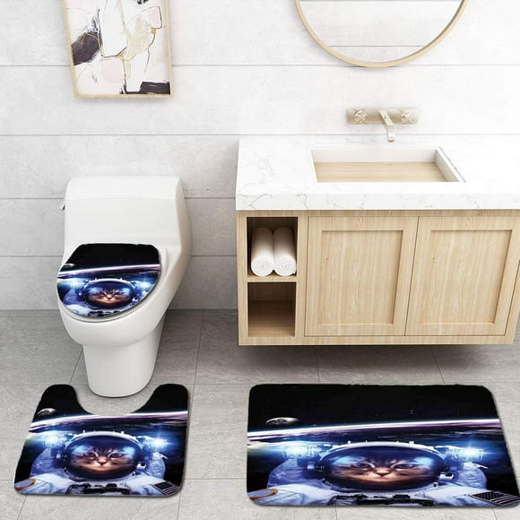 EREHome Cat Funny Astronaut Cat Above Earth in Outer Space Explorer Kitty Mission Humor Art 3 Piece Bathroom Rugs Set Bath Rug Contour Mat and Toilet Lid Cover