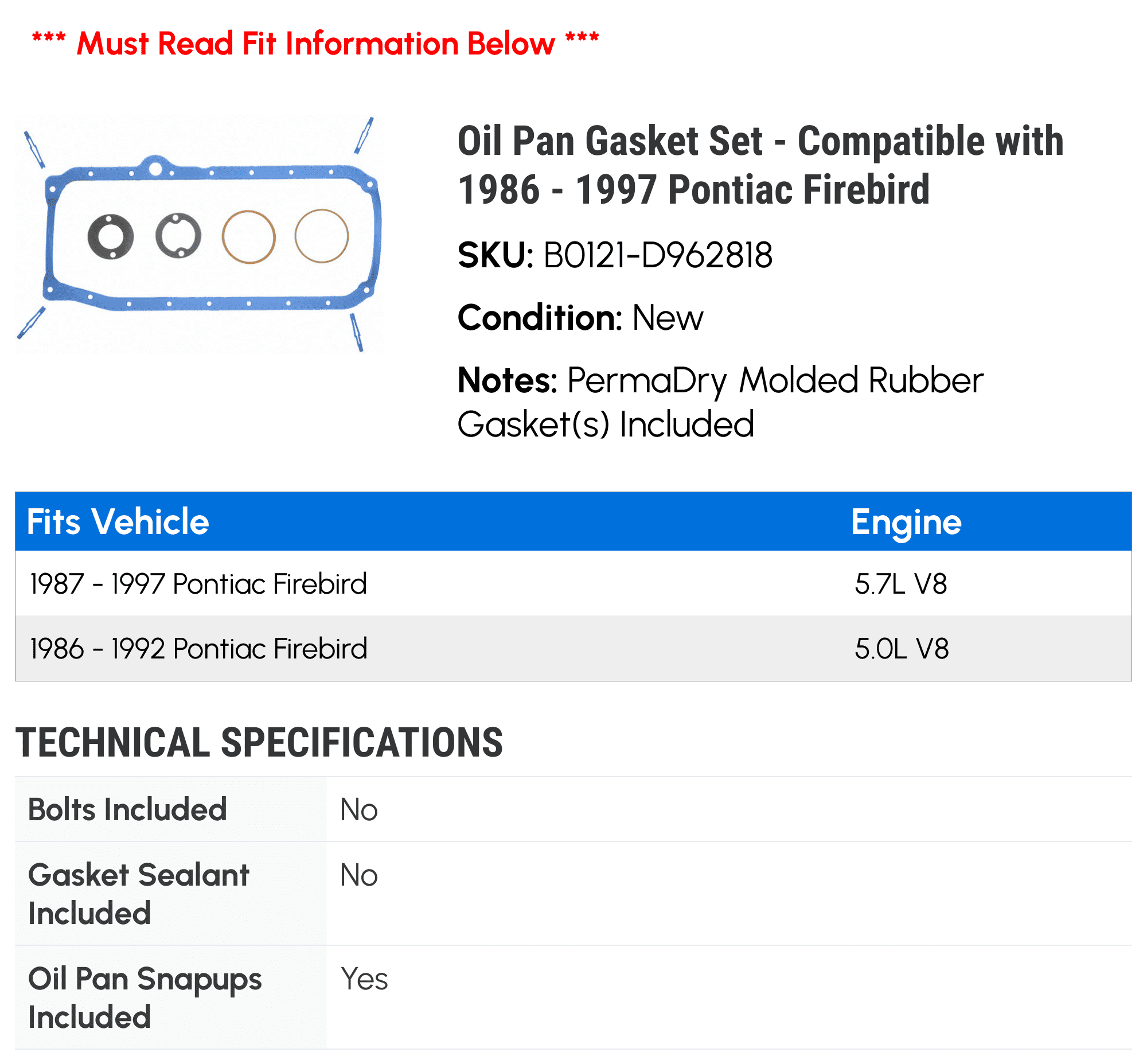 Oil Pan Gasket Set - Compatible with 1986 - 1997 Pontiac Firebird 1987 1988 1989 1990 1991 1992 1993 1994 1995 1996