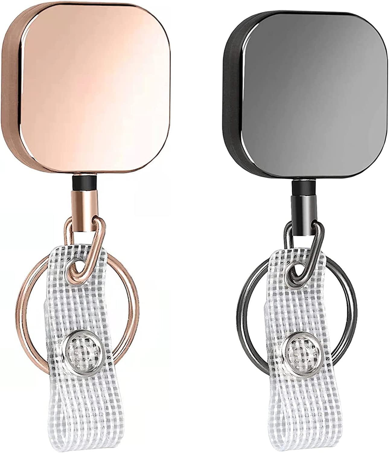 2 Pack Metal Retractable Badge Reel Heavy Duty ID Badge Holder with Cord  and Carabiner Key Chain (Rose Gold) 