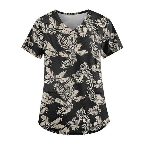 Scrubs For Women, Plus Size Floral Printed Scrub Working Uniform Tops V Neck Short Sleeve Tshirts Workwear Tee With Pockets Womens Sets Red And White Striped Shirt Tops Shirt (XXL, Black) ZMTing