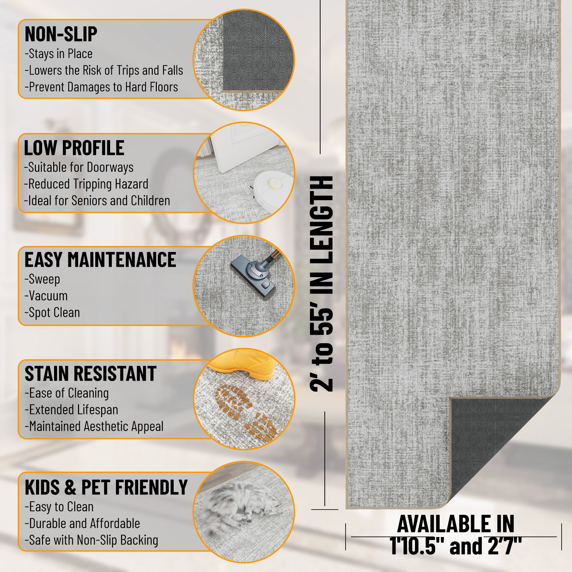 Ottomanson Aisle Runner Rug 1'10.5" x 31' Soft Non-Slip Indoor Rug, Solid Beige
