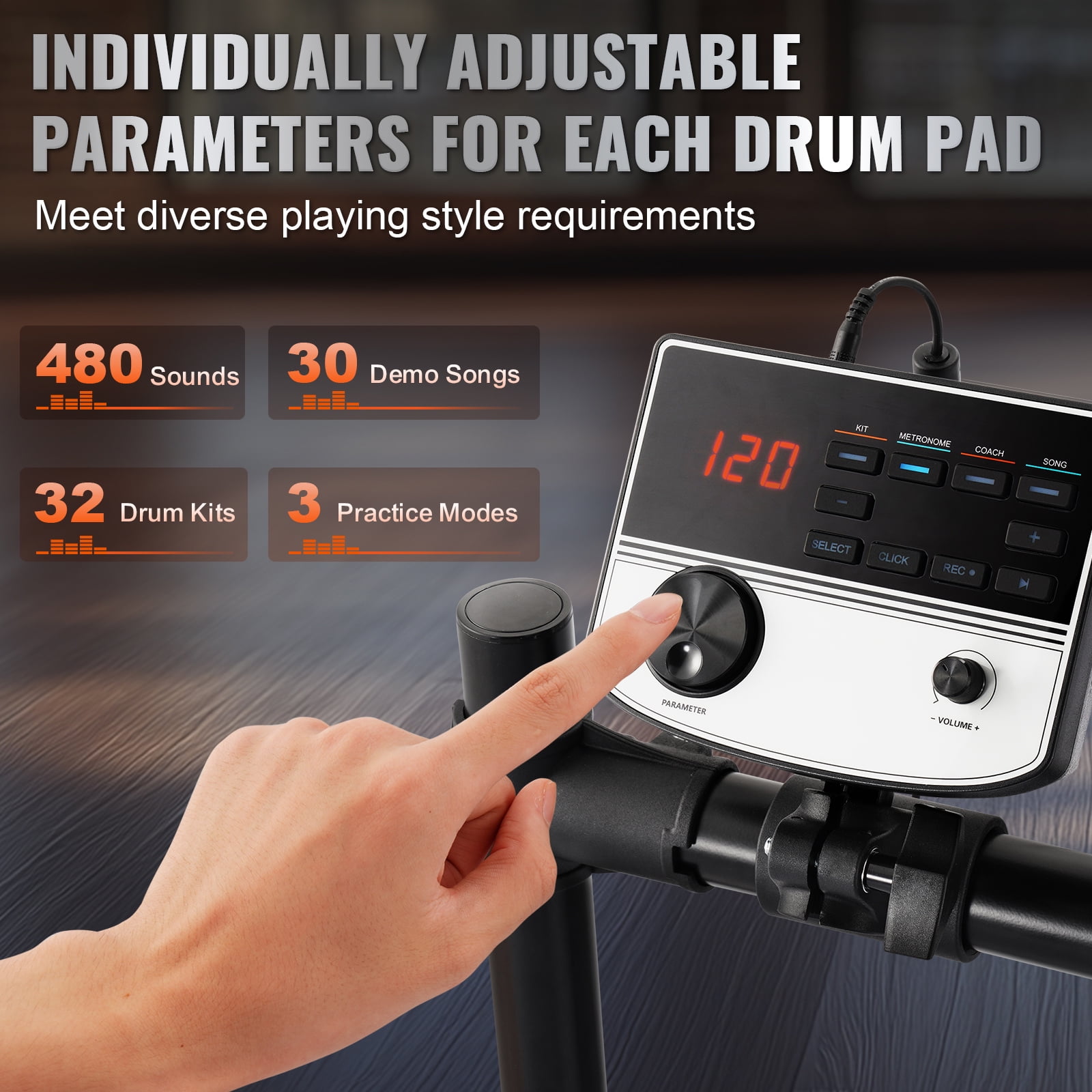 KFFKFF Electronic Drum Set, Collection of 32 Drum Kits & 480 Unique Sounds, 8 in Silent Mesh Snare, USB MIDI Compatible, Comes with 10 in Cymbals, Drum Sticks & Headphones